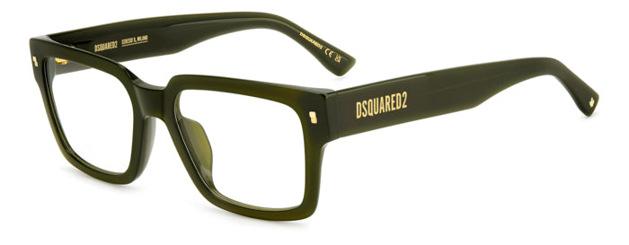 Occhiali da vista DSQUARED2 da uomo, modello D2 0167/G, con montatura verde in acetato, su sfondo neutro che ne esalta il col