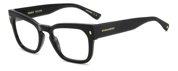 Occhiali da vista neri Dsquared2 modello D2 0129 per uomo, montatura in acetato elegante su sfondo bianco.