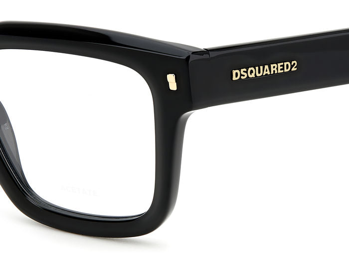 Occhiali da vista neri Dsquared2 D2 0090 per uomo, montatura squadrata in acetato lucido con dettagli argentati, appoggiati s