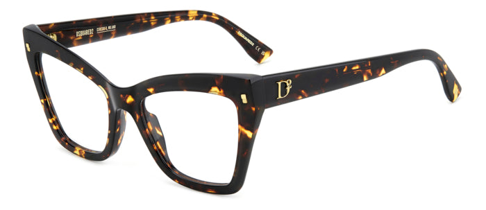 Occhiali da vista DSQUARED2 da donna modello 108867 (D2 0152) di colore avana, mostrati frontalmente su sfondo chiaro.