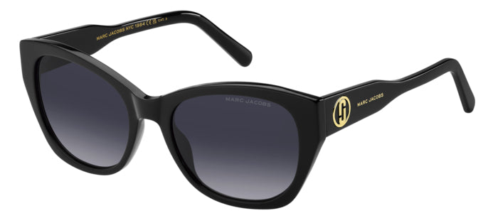 Occhiali da sole neri Marc Jacobs modello 206922 MARC 732/S per donna, posti su una superficie chiara, con la montatura ben v