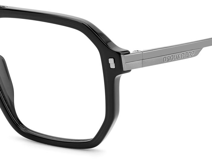 Occhiali da vista DSQUARED2 da uomo modello D2 0123 neri, vista frontale, con montatura in acetato e lenti trasparenti.