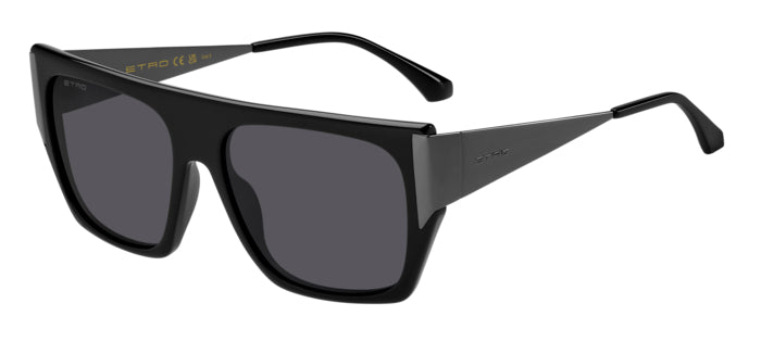 Occhiali da sole Etro neri modello 0051/G/S lucidi, indossati da una persona con lenti scure e logo Etro visibile sull'asta.