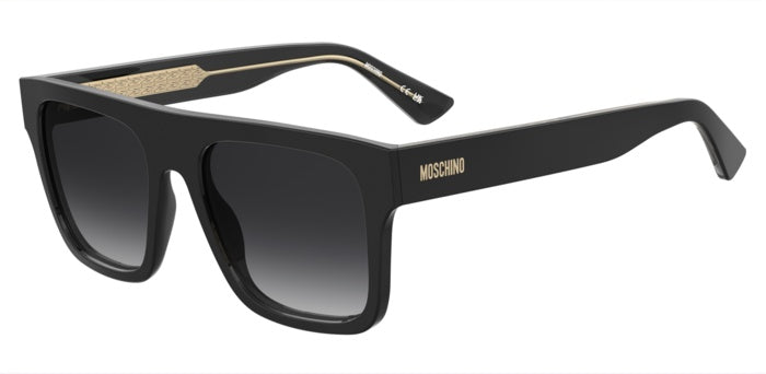 Occhiali da sole da uomo Moschino MOS201/S con montatura colore avana lucida e lenti scure, mostrati su sfondo chiaro.