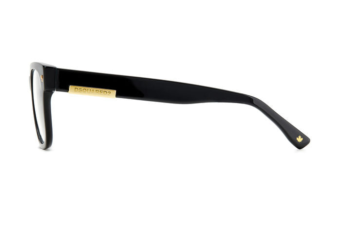 Occhiali da vista Dsquared2 D2 0074 neri per uomo, montatura rettangolare in acetato lucido su sfondo neutro.