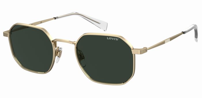 Occhiali da sole LEVI'S LV 1035/S colore oro, montatura leggera con lenti scure, posti su una superficie chiara. Dettagli del