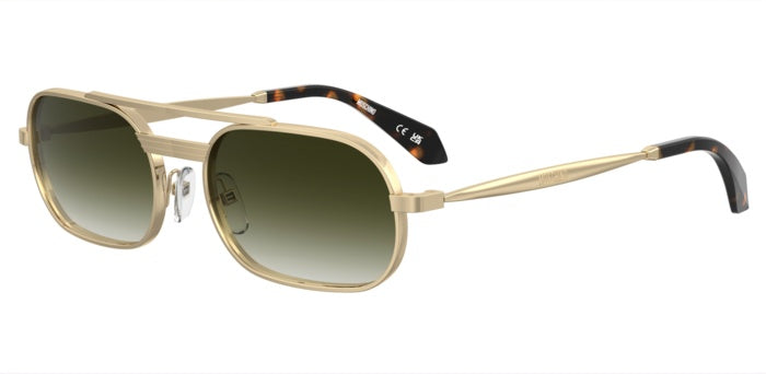 Occhiali da sole Moschino MOS198/S da donna, montatura in metallo dorato con lenti scure, mostrati su sfondo neutro.