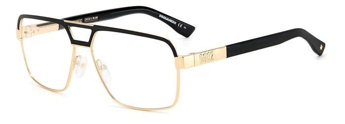 Occhiali da vista Dsquared2 D2 0034 neri da uomo, con montatura in acetato nero lucido e lenti trasparenti. Mostrati su uno s