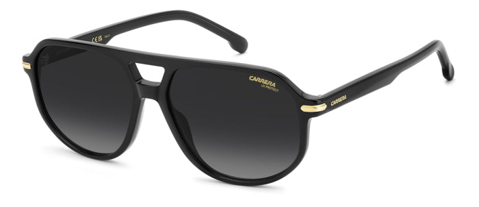 Occhiali da sole Carrera 375/S da uomo neri, modello 208706, con montatura lucida e lenti scure, mostrati frontalmente su sfo