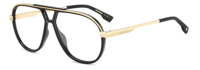 Occhiali da vista da uomo DSQUARED2 modello 107804 (D2 0113) di colore nero, visti di fronte su sfondo neutro e pulito.