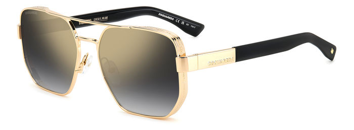 Occhiali da sole Dsquared2 da uomo modello 205960 D2 0083/S con montatura dorata e lenti scure, posti su sfondo neutro.
