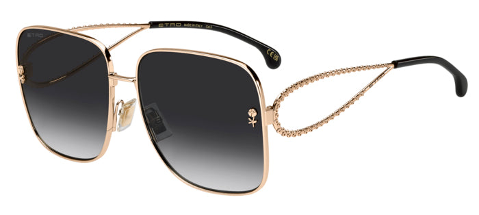 Occhiali da sole Etro 207871 (0070/S) da donna con montatura in metallo color oro e lenti scure, posti su uno sfondo neutro p