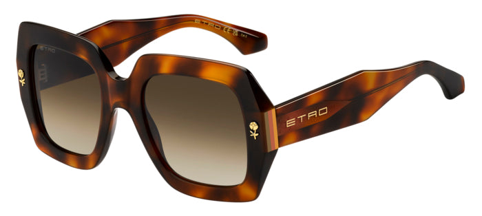 Occhiali da sole Etro 0011/S Avana da donna su sfondo bianco, vista frontale e laterale