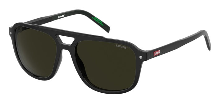 Occhiali da sole neri Levi's LV 5100/S da uomo, mostrati frontalmente su sfondo bianco neutro, con lenti scure e montatura in