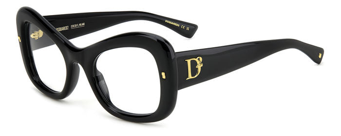 Donna con occhiali da vista DSQUARED2 neri modello D2 0138, in posa frontale che mette in risalto il design della montatura.