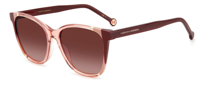 Occhiali da sole Carolina Herrera modello CH 0061/S da donna, con montatura bordeaux lucida e lenti scure, posti su una super