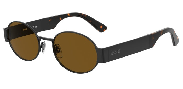 Occhiali da sole Moschino 207691 (MOS185/S) unisex in metallo color oro lucido con lenti scure, mostrati su sfondo chiaro.