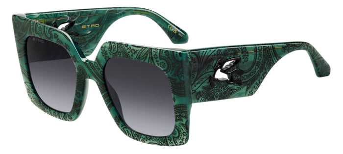 Occhiali da sole Etro modello 0075/S da donna di colore avana, mostrati su sfondo bianco, con dettagli delle aste e delle len