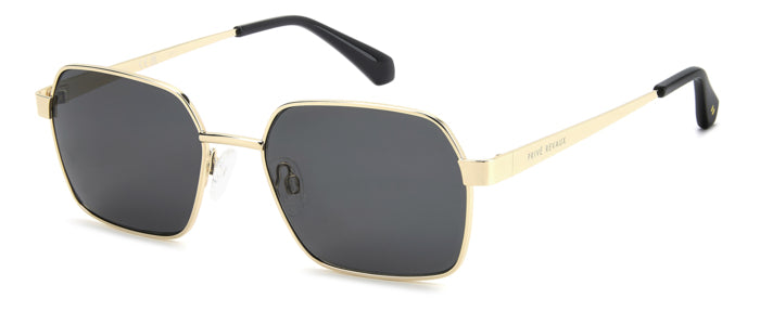 Occhiali da sole Privé Revaux da uomo modello 208930 con montatura color oro lucido e lenti scure, posizionati su una superfi