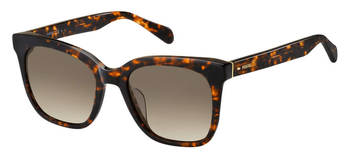 Occhiali da sole Fossil FOS 2098/G/S da donna color avana con lenti scure, mostrati frontalmente su sfondo neutro.