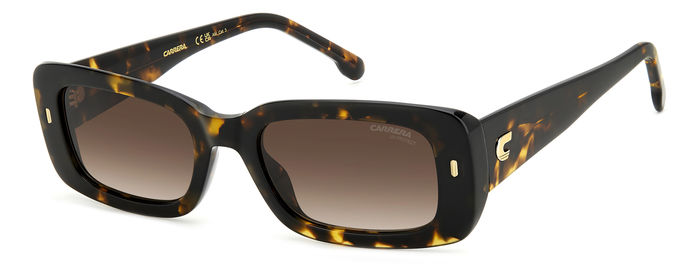 Occhiali da sole da donna Carrera 3014/S di colore avana, mostrati frontalmente, con le lenti scure che riflettono leggerment