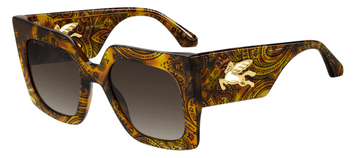 Occhiali da sole Etro modello 0075/S da donna di colore avana, mostrati su sfondo bianco, con dettagli delle aste e delle len