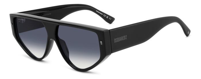 Occhiali da sole DSQUARED2 da uomo modello 208650 di colore nero lucido, visti frontalmente, con lenti scure e logo D2 sulle