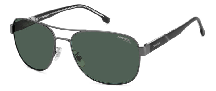 Occhiali da sole Carrera 206723 C FLEX neri da uomo, con lenti scure e montatura rettangolare su sfondo bianco.