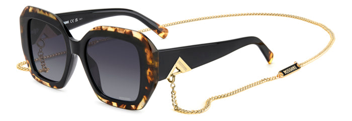 Occhiali da sole Missoni neri modello 206901 da donna, con montatura in acetato lucido e lenti scure, mostrati su sfondo neut