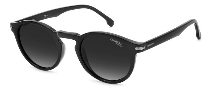 Occhiali da sole Carrera 301/S neri unisex, modello 205786, visti frontalmente su sfondo chiaro, che mostrano la montatura ne