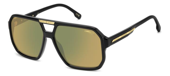 Occhiali da sole Carrera Victory C 01/S 206759 neri da uomo, posati su una superficie neutra, con lenti scure e logo Carrera