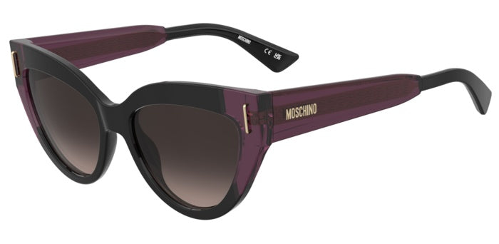 Occhiali da sole Moschino donna neri modello 208570 (MOS208/S) indossati da una modella, con montatura in acetato lucido e le